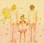  age_difference bad_id barnaby_brooks_jr blonde_hair bouquet braid brown_hair closed_eyes dcr dress eyes_closed father_and_daughter flower formal from_behind hair_ornament hairclip hand_holding holding_hands kaburagi_kaede kaburagi_t_kotetsu male multiple_boys petals short_hair side_ponytail suit tiger_&amp;_bunny 
