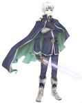  1boy armor belt blue_eyes boots cape fingerless_gloves full_body gloves hand_on_own_shoulder harui headband male pants puyopuyo schezo serious solo sword weapon white_background white_hair 