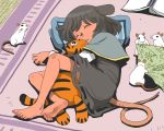  animal_ears animal_hug barefoot blanket book capelet child dress feet floral_print grey_dress grey_hair mouse mouse_ears mouse_tail nazrin on_side onikobe_rin pillow plush_toy short_hair sleeping soles solo stuffed_tiger tail toes touhou 