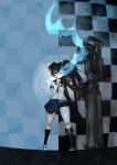  black_rock_shooter_(character) blue_eyes boots checkered glowing glowing_eyes gun highres kuroi_mato mirror_opposites scar school_uniform shorts skirt socks star tibatiba twintails uneven_twintails weapon 