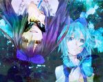  artist_request black_hair blue_eyes blue_hair bow bust butterfly cirno evil extacchiman good hair_bow hands_on_own_chest long_hair multiple_girls neck_ribbon open_mouth ribbon short_hair star_sapphire tears touhou upside-down yellow_eyes 
