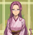  1girl b_suke fate/stay_night fate_(series) flower glasses hair_flower hair_ornament japanese_clothes kimono long_hair looking_at_viewer purple_hair rider solo very_long_hair violet_eyes 