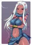  blush breasts center_opening crossed_arms demon_girl dragon_quest dragon_quest_x forehead fur horns jewelry large_breasts lips long_hair lowres mahito markings midriff navel o-ring_top ogre_(dq10) ogre_(dragon_quest) oni pink_skin pointy_ears red_eyes scarf spikes white_hair 