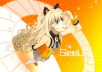  animal_ears bare_shoulders blonde_hair blue_eyes bow bracelet cat_ears headset jewelry long_hair looking_up open_mouth seeu skirt solo thigh-highs thighhighs very_long_hair vocaloid white_legwear zettai_ryouiki 