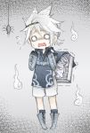  chibi gloves grimoire_weiss hair_ornament jewelry long_sleeves male necklace nier nier_(character) nier_(young) open_mouth pigeon-toed pigeon_toed scared shinzui_(fantasysky7) shorts spider sweatdrop tabard white_hair 