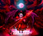  absurdres acryl bat bat_wings capelet dress floral_print forest full_moon hat hat_ribbon highres jewelry magic_circle moon nature necklace night purple_hair red_dress red_eyes remilia_scarlet ribbon scarlet_devil_mansion smile solo spear_the_gungnir too_many_bats touhou wings 
