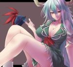  breasts cleavage ex-keine green_hair horns kamishirasawa_keine large_breasts legs long_hair red_eyes solo thighs touhou very_long_hair yude 