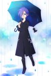  blue_eyes boots hair_over_one_eye highres kingdom_hearts male okitune-sama pantyhose purple_hair rain raincoat solo umbrella zexion 