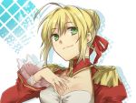  1girl ahoge blonde_hair breasts cleavage dress epaulettes fate/extra fate_(series) green_eyes hair_ribbon iebon-gogo8 red_dress ribbon saber_extra solo 
