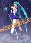  6_(roku) aqua_hair ass boots bra bracelet elbow_gloves gloves happy_birthday hatsune_miku headphones high_heel_boots high_heels jewelry lingerie long_hair microphone microphone_stand open_mouth red_eyes shoes short_shorts shorts solo twintails underwear very_long_hair vocaloid zoom_layer 