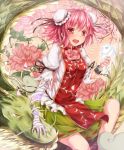  :d amputee bandage bandages blush bun_cover chain chains cherry_blossoms cuffs dabadhi double_bun dragon eastern_dragon flower highres hitodama ibara_kasen ibaraki_kasen looking_at_viewer manacles open_mouth peony_(flower) petals pink_eyes pink_hair pink_rose rose short_hair smile solo tabard touhou 