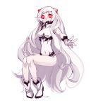  1girl :d airfield_hime ankle_boots artist_name boots covered_navel full_body horns kantai_collection knees_together_feet_apart leotard long_hair neo_(nyeo) open_mouth red_eyes shinkaisei-kan simple_background sitting smile solo very_long_hair white_background white_hair white_skin 