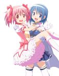  blue_eyes blue_hair bow cape carrying choker gloves gonzaburou hair_bow highres kaname_madoka kneehighs looking_at_viewer magical_girl mahou_shoujo_madoka_magica miki_sayaka multiple_girls official_style pink_eyes pink_hair princess_carry puffy_sleeves short_hair short_twintails simple_background thigh-highs thighhighs tomatokuroneko twintails white_background white_gloves white_legwear 