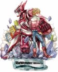  barnaby_brooks_jr belt blonde_hair boots dual_persona glasses green_eyes hand_on_hip hips ina_(gonsora) jacket jeans looking_back male multiple_boys power_armor power_suit red_jacket rock solo superhero tiger_&amp;_bunny 