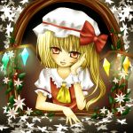  ascot blonde_hair bow bust chin_rest fang flandre_scarlet flower harukaruha hat hat_bow leaf red_eyes short_hair side_ponytail solo the_embodiment_of_scarlet_devil touhou wings wrist_cuffs 