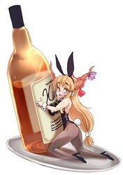  alcohol animal_ears ario bare_shoulders black_legwear blonde_hair bottle bow brown_hair brown_legwear bunny_ears bunny_girl bunny_tail bunnysuit hair_bow high_heels horn_ribbon horns ibuki_suika kneeling long_hair mini-girl minigirl open_mouth orange_hair pantyhose ribbon saliva shoes simple_background solo tail touhou tray wrist_cuffs yellow_eyes 