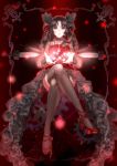  1girl arkray black_hair blue_eyes crossed_legs dress fate/stay_night fate_(series) gem hair_ribbon high_heels highres lace lace-trimmed_thighhighs long_hair magic ribbon shoes sitting solo sword thighhighs tohsaka_rin toosaka_rin weapon zelretch_sword 