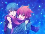  bad_id blue_hair blush carnelian male multiple_boys open_mouth red_eyes red_hair redhead scarf school_uniform shared_scarf shindou_sugata short_hair smile star_driver tsunashi_takuto yellow_eyes 