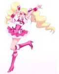  \m/ arm_up blonde_hair boots choker cure_peach dress fresh_precure! hair_ornament hairpin heart long_hair magical_girl momozono_love pink_eyes precure raised_arm smile solo standing_on_one_leg tana_(pixiv140726) twintails 