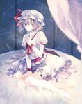  ascot bad_id bare_legs barefoot bed between_legs bow canopy_bed dress fori hand_between_legs hat hat_bow lavender_hair red_eyes remilia_scarlet short_hair sitting solo touhou wrist_cuffs 