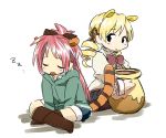  animal_ears blonde_hair boots disney drill_hair honey_pot honeypot hoodie iwashi_(ankh) long_hair mahou_shoujo_madoka_magica multiple_girls pantyhose ponytail red_hair redhead sakura_kyouko school_uniform sleeping tail tomoe_mami winnie_the_pooh 