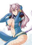  breasts brown_eyes cleavage cleavage_cutout glasses gloves hair_intakes jewelry large_breasts long_hair navel pink_hair preza sitting skin_tight solo tail tales_of_(series) tales_of_xillia yudeno 