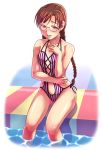  artist_request blush braid brown_eyes brown_hair casual_one-piece_swimsuit clala e20 glasses long_hair navel one-piece_swimsuit pool poolside quiz_magic_academy soaking_feet solo source_request swimsuit twin_braids water 