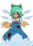  aqua_hair artist_request blood blood_on_face bloody_clothes blue_dress blue_eyes blue_hair bow cirno dress fairy_wings hair_bow hair_ornament ice necktie open_mouth outstretched_hand ribbon rough short_hair tears touhou wings 