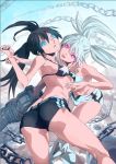  ass bikini_top black_hair black_rock_shooter black_rock_shooter_(character) black_rock_shooter_(game) blue_eyes boots chain daleilang feng_shui_(daleilang) glowing glowing_eyes long_hair midriff multiple_girls navel red_eyes short_shorts shorts twintails very_long_hair weapon white_hair white_rock_shooter yuri 