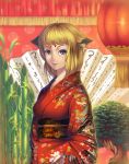  bad_id bamboo blonde_hair blue_eyes cctv008008 copyright_request highres japanese_clothes kimono smile solo 
