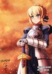  1girl ahoge armor armored_dress blonde_hair blush dress excalibur fate/zero fate_(series) gauntlets green_eyes hair_ribbon hands_on_hilt highres juliet_sleeves long_sleeves planted_sword planted_weapon puffy_sleeves ribbon saber solo sword tvhot2 watermark weapon web_address 