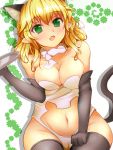  animal_ears black_gloves black_legwear blonde_hair blush breasts cat_ears cat_tail cleavage elbow_gloves extra_ears fang fukunaga_kazuhiro gloves green_eyes highres kemonomimi_mode mizuhashi_parsee navel_cutout open_mouth pointy_ears resizing_artifacts shawl solo tail thigh-highs thighhighs touhou tray white_swimsuit 
