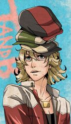  aqua_eyes barnaby_brooks_jr blonde_hair bohe cabbie_hat glasses green_eyes hat jacket jewelry male necklace red_jacket solo stacked_hats tiger_&amp;_bunny 