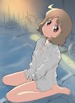  ahoge barefoot bed between_thighs brown_eyes brown_hair face feet flying_sweatdrops futon head_tilt kikumaru_bunta looking_at_viewer nichijou no_pants sakurai_izumi shirt sitting smile solo v_arms wariza 