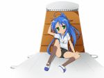  blue_hair buruma green_eyes gym_uniform izumi_konata komo_egg long_hair lucky_star mattress ponytail solo vaulting_horse 