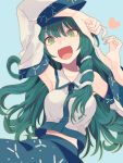  :d arm_up armpits detached_sleeves face fingernails green_eyes green_hair hair_ornament hands harano heart heart_hands kochiya_sanae long_hair midriff open_mouth shirt skirt smile snake solo touhou 