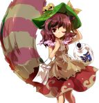  1girl alphes animal_ears bell bow brown_eyes brown_hair futatsuiwa_mamizou glasses gourd hat notepad official_art raccoon_ears raccoon_tail tail touhou transparent_background wink 