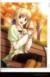  absurdres ahoge autumn bench black_legwear blonde_hair blush boots fate/stay_night fate_(series) food green_eyes hair_ribbon highres higurashi_ryuuji ice_cream pantyhose ponytail ribbon saber scan scarf solo type-moon 