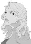  eyelashes jacket lips lipstick long_hair makeup mole monochrome pouty_lips simple_background solo tiger_&amp;_bunny touzai virginia_nitouhei white_background 