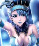  arm_up armpits bare_shoulders blue_eyes blue_hair blue_lipstick blue_rose_(tiger_&amp;_bunny) breasts cleavage earrings elbow_gloves eyeshadow gloves hat jewelry karina_lyle lips lipstick makeup rakujin solo tiger_&amp;_bunny 