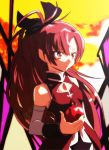  apple bare_shoulders bow food fruit hair_bow holding holding_apple holding_fruit long_hair magical_girl mahou_shoujo_madoka_magica mesushirindaa official_style ponytail red_eyes red_hair redhead sakura_kyouko solo stained_glass 