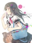  bag black_eyes black_hair copyright_request dog evers flower hair_ornament hairpin highres jelly long_hair pleated_skirt ribbon school_bag school_uniform simple_background skirt solo thermos walking white_background 