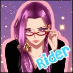  1girl adjusting_glasses ari-che breasts character_name cleavage fate/stay_night fate_(series) glasses hair_over_shoulder heart leaning_forward lipstick long_hair looking_at_viewer makeup purple_hair red-framed_glasses rider scrunchie solo violet_eyes 
