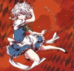  absurdres apron between_fingers braid chain chains highres izayoi_sakuya knife maid maid_headdress meso pocket_watch ribbon short_hair silver_hair solo stopwatch throwing_knife touhou twin_braids watch weapon 