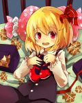  blonde_hair blush box fang gift gift_box hair_ribbon mary_janes murani open_mouth pillow red_eyes red_shoes ribbon rumia shirt shoes short_hair skirt skirt_set solo the_embodiment_of_scarlet_devil touhou vest youkai 