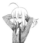  1girl ahoge fate/zero fate_(series) long_hair monochrome mouth_hold ponytail saber solo sworgun traditional_media tying_hair 