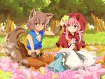  animal_ears bad_id big_bad_wolf_(cosplay) big_bad_wolf_(grimm) blue_eyes blush brown_eyes brown_hair cosplay crossdressinging dress flower inazuma_eleven inazuma_eleven_(series) inazuma_eleven_go kirino_ranmaru little_red_riding_hood little_red_riding_hood_(cosplay) little_red_riding_hood_(grimm) multiple_boys pants pink_hair shindou_takuto tail trap twintails wolf_ears wolf_tail xxx_yc05 