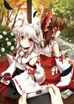  animal_ears back-to-back blush bow brown_hair camera cup detached_sleeves feathers flower food hair_bow hair_tubes hakurei_reimu inubashiri_momiji japanese_clothes looking_back miko multiple_girls no_hat no_headwear red_eyes ria shameimaru_aya silver_hair sitting smile tail touhou wolf_ears wolf_tail 