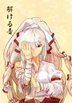  bad_id bandage bandages bangs big_hair blunt_bangs bow covering_eye covering_one_eye face fujiwara_no_mokou hair_bow hands long_hair ponytail red_eyes shirt silver_hair solo tora_jun torn_clothes touhou white_shirt 