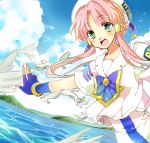  aria bird cloud fingerless_gloves gloves hair_tubes hat mizunashi_akari multicolored_eyes open_mouth outstretched_arm payot pink_hair sea_spray sky smile solo uniform water yuh 